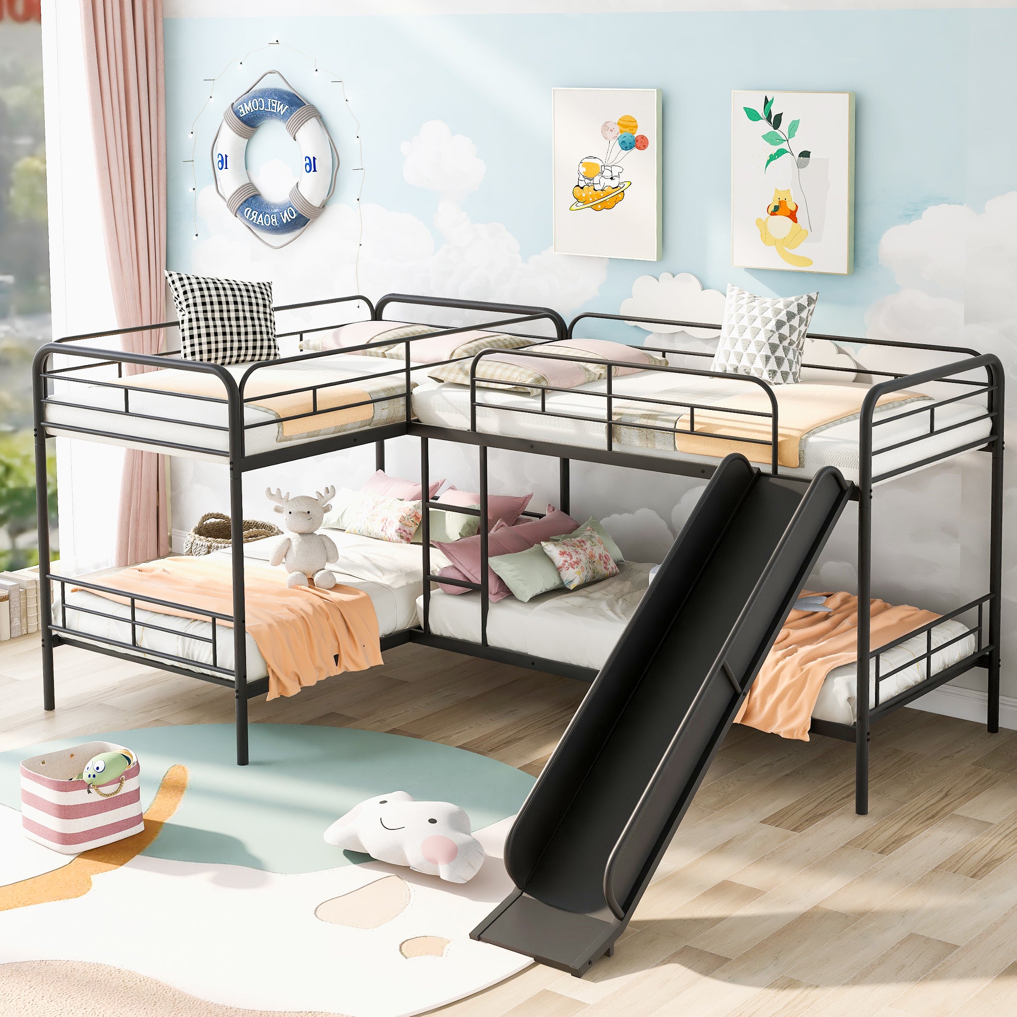 Twin Size L-Shaped Bunk Bed with Slide and Ladder